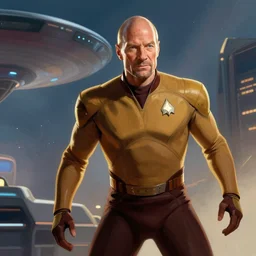 patrick stewart as jean - luc picard, captain of the uss enterprise, character digital illustration portrait design by, mark brooks and brad kunkle detailed, gorgeous lighting, wide angle action dynamic portrait