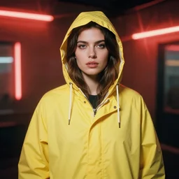 A detailed and realistic portrait photography of a woman wearing a yellow raincoat with hoodie. Cinematic. Red neon lights and glow in the background. Lens flare. Portra 800 film.