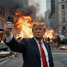 real photo of trump doing a selfie in postapocalyptic burning nyc, by saul leiter, fire, explosion, award winning, desaturated