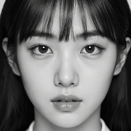 black and white korean girl kpop, closeup, high detail, photography by annie leibovitz. distinct features symmetrical face. album cover art