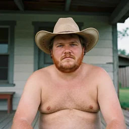 close up portrait of fat redneck man sitting on front porch of dilapidated house, award winning, kodak gold 2 0 0,
