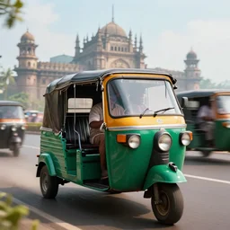 an auto rickshaw driving through bombay, an epic fantasy, wide shot, ultrarealistic, detailed, ( ( ( ( ( depth of field ) ) ) ) ), crisp details, sharp details, photorealism, colorful, cinematic, horizon forbidden west trending on artstation, masterpiece, by greg rutkowski, by ross tran, by fenghua zhong, octane, soft render