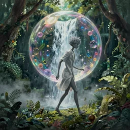 hyperrealist painting in the style of studio ghibli of a skinny grey scientist walking out of a bubble in the sky in a waterfall from howl's moving castle ( 2 0 0 4 ) jungle. moody, misty, depth perception.