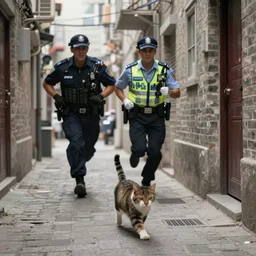 police chasing a cat into an alley, high quality