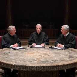high resolution photograph mitch mcconnell, samuel alito, and mike pence wearing black robes while seated at an ancient round table in a shadowy room, Nikon D810 | ISO 64 | focal length 20mm (Voigtländer 20mm f3.5) | Aperture f/9 | Exposure Time 1/40 Sec (DRI)