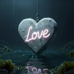 A concrete heart marked with neon love is suspended over stilled waters in an abysmal dark void, realistic, artstation, moody, algae in the gloom, shattered hope sinking