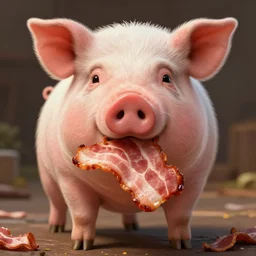 a realistic pig eating a rasher of bacon. detailed, digital painting, cartoon style,