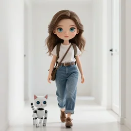 a beautiful woman wearing a travel outfit walks down a white corridor with a robot cat by olivia malone, long hair, amazingly detailed, fantastic detailed eyes, pretty face, aged 2 5, swedish, photo realistic, photograph, 3 5 mm, octane render, trending on artstation