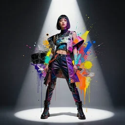 contemporary collage of a cyberpunk girl, spotlight, dramatic, paint drips, mixed media, paint splatter, vibrant colors, futuristic clothing by john baldessari