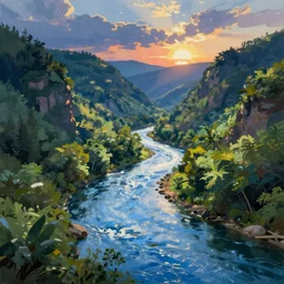 digital painting of a lush river valley by gerald brom. blue river. summer day. sunset. chiho aoshima. digital render. detailed. beautiful landscape.