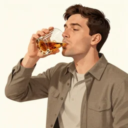 a man drinking whiskey on his birthday, highly detailed 2 d illustration in matte colors