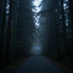 road between tall trees, dense forest, dark night, fog, cold light