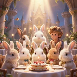 highly detailed group closeup portrait of cute bunnies having a birthday party banquet in a castle, unreal engine, nicoletta ceccoli, mark ryden, earl norem, lostfish, global illumination, god rays, detailed and intricate environment
