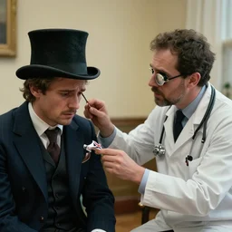 a stockimage photograph of a doctor diagnosing a terrified patient. The patient is dressed in a suit and tophat with a monocle and union jack flag