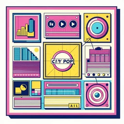 beautiful illustration of layout of japanese pop art, city pop, frame, acid, modular synth, music, chillhop, obi strip, poster, 8 0 s, album art, trendy typography, lo - fi, logo, landscape, pinterest, dribble, influenced by retro and vintage, artstation, 8 k, user interface, underground