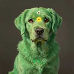 hyperrealist, studio ghibli painting of a solitary green labrador retriever with shaggy green fur and green dye opening its third eye, cyclops dog, three eyes, middle eye is glowing yellow, third eye in the middle of the head