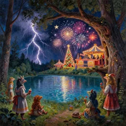 closeup of a night carnival around a magical in a summer storm, tree cavity with a music scenario with many fireworks and christmas lights, next to a lake with iridiscent lake water, volumetric lightning, folklore people disguised with fantastic creatures in a magical forest by summer night, masterpiece painted by paul gustav fischer, scene by dark night environment, refraction lights, five star stories