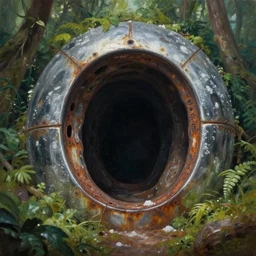 a rusted cave mouth in the jungle, retrofutistic matte oil painting, science fantasy, chrome, salt, rpg, epic, extremely detailed, sharp focus, 4 k