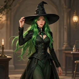 nathalie emmanuel as a witch, long green hair, cozy atmosphere, urban fantasy, elegant, jacket, skirt, cone hat, highly detailed, qichao wang, artgerm, cushart krenz, zeronis, trending on artstation, soft light, sharp edges, illustration, character design, concept art