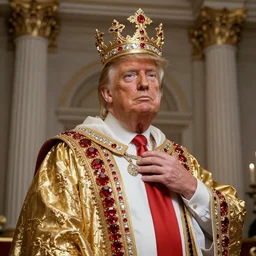 portrait of God King Barron Trump ordained in gold and red diamonds. Badass pose. Photo realistic. Gregory Crewdson. Award winning. Masterpiece, exquisite detail, post processing, low angle, suspenseful