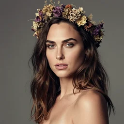 fine art photo of the beauty goddess gal gadot, she has a crown of dried flowers, by peter mohrbacher - n 9