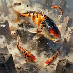 a giant koi fish Kaiju smashing through skyscrapers, digital painting, masterpiece, by Ilya Kuvshinov, Hayao Miyazaki, Kentaro Miura, Thomas Kinkade, Greg Rutkowski, gorgeous, beautiful, cinematic, dynamic volumetric lighting, dust clouds and building debris, intense, dramatic
