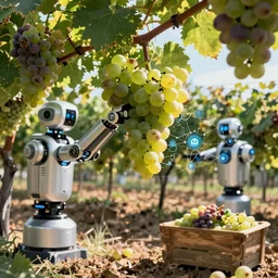 harvesting grapes in light speed enabled through technology, robots and interconnected iot systems, robotic harvesting, solarpunk concept art, canon eos, advertisement for a big ag company