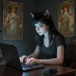 a catgirl programming on a laptop, dark room, carnip on a table, highly detailed, digital painting, artstation, concept art, wallpaper, smooth, sharp focus, illustration, art by giger and artgerm and greg rutkowski and alphonse mucha