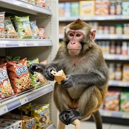 A monkey buy some snacks at seven eleven, photorealistic