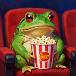 hyper realistic oil painting of chubby green toad wearing red - blue anaglyph and sitting in the cinema with bucket of popcorn, vibrant colors, high contrast, by greg rutkowski, trending on artstation, animal caricaturist