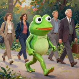 pepe the frog walking in summer dawn, norman rockwell, tim hildebrandt, bao phan, bruce pennington, larry elmore, oil on canvas, deep depth field, masterpiece, cinematic composition, hyper - detailed, hd, hdr