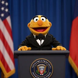a muppet giving presidential inauguration speech, at podium, realism, stunning photo - quality, movie - quality,