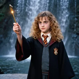 Hermione Granger casting a spell, waterfall in the background