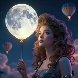 a 3 d, hyperrealistic, octane rendered, cinematic, close up portrait of a detailed 1 9 7 6 retro futuristic, woman with swirling hair. the woman is holding a giant balloon that looks like a glowing 3 d realistic moon with a face. a night sky filled with hot air balloons and swirling clouds by kuvshinov and bilibin, karol back