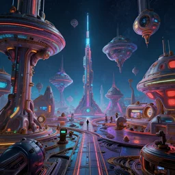 maximalist detailed space scene lowbrow scifi artwork by kidsquidy. ray tracing hdr polished sharp in visionary psychedelic fineart style