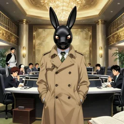 a man in a trench coat wearing a black rabbit mask in a luxury mega corporation office , film still from the an anime directed by Katsuhiro Otomo with art direction by Salvador Dalí, wide lens