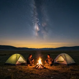 symmetry!! they are tent camping by the campfire under a sky full of stars, surreal landscape, golden hour, very detailed, perfect composition, perfect lighting, 4 k, trending on artstation, greg rutkowski, derek zabrocki, artgerm, chuck close, ruan jia