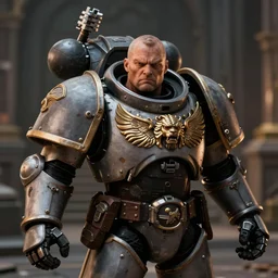 Barry Chuckle as a Warhammer 40K Space Marine, movie still, cinematic lighting, dramatic, octane render, long lens, shallow depth of field, 8k, hyper detailed