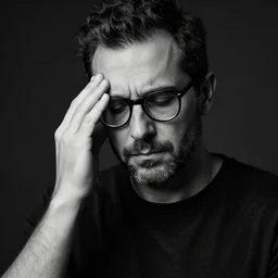 black and white, studio photograph of a male andrea belluci wearing glasses the painter artist, anxiety and depression, intricate, elegant, highly detailed, hyper realistic, dark background, flickr, smooth, sharp focus, shot by canon