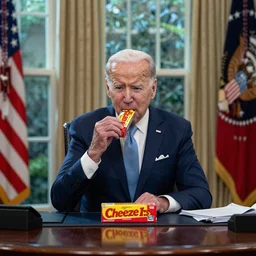 joe biden sitting at the oval office eating a box of cheeze its