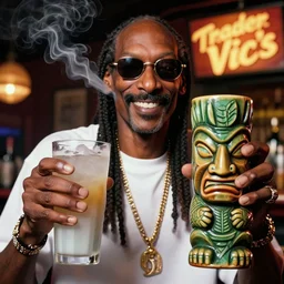 a closeup photorealistic photograph of happy blunt smoking snoop dogg at trader vic's bar holding up a trader vic's style tiki mug featuring snoop dogg's face. tiki culture. lit scene. 4 k hd image that's trending on artstation, featured on behance, well rendered, extra crisp, features epic composition and the style of unreal engine.