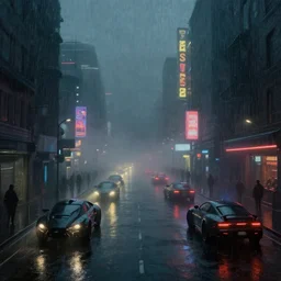 foggy ciberpunk street, futuristic vehicles, night, nightclubs, lights and rain, by jan vermeer, masterpiece