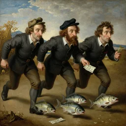 The medium shot of three sarcastic mans with fishes running away with a small profit of money, thinking they've made a great deal by Hieronymus Bosch, super detailed oil painting, proportional faces, realistic, 4k, masterpiece