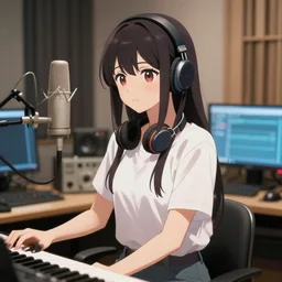 nice anime babe in music studio, realistic