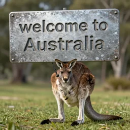 a kangaroo holding a sign made out of steel with the phrase [ welcome to australia ] carved on it, digital art