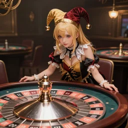 Digital anime art by WLOP and Mobius, A casino table with a large metal roulette wheel, beautiful blonde woman, wearing a court jester outfit, jester hat with bells, highly detailed, intriguing lighting