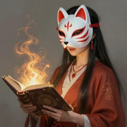 gorgeous!!! hyper - realstic sorceress with a kitsune mask, holding a tattered magical book, casting a spell | drawn by wlop, drawn by jeehyung lee, drawn by artgerm | intricate, highly detailed, digital painting, character design, concept art, illustration, artstation