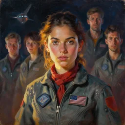 portrait in daring femininity, ethnic, determined face, flight suit w scarf, warm glow, bathed in light, sci - fi space, captured memory, motion impressionism, radiosity, terrazzo, pj crook, michael garmash, livia prima, nick alm, casey baugh, deep color, oil on canvas