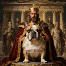 riveting majestic regal proud day french bulldog chef portrait, ancient greece, mysterious atmospheric lighting, painted, intricate, volumetric lighting, beautiful, rich deep colours masterpiece, golden hour, sharp focus, ultra detailed, by leesha hannigan, ross tran, thierry doizon, kai carpenter, ignacio fernandez rios