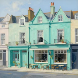 street of teal stone, sunlight and whimsical houses, cafe tables, london, painting by gustave dore